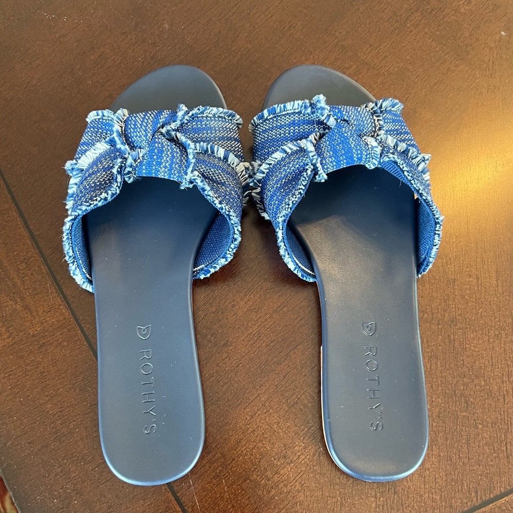 Faux denim Rothy’s slide sandal.